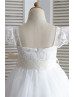 Ivory Lace Tulle Puff Sleeves Knee Length Flower Girl Dress 